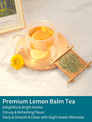 TeeLux Lemon Balm Tea Bags shown brewing in a cup for a bright aroma.