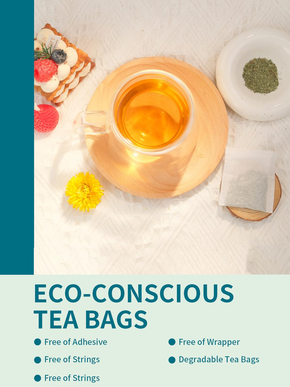TeeLux Lemon Balm Tea Bags in a glass cup showcasing lemony citrus flavor.