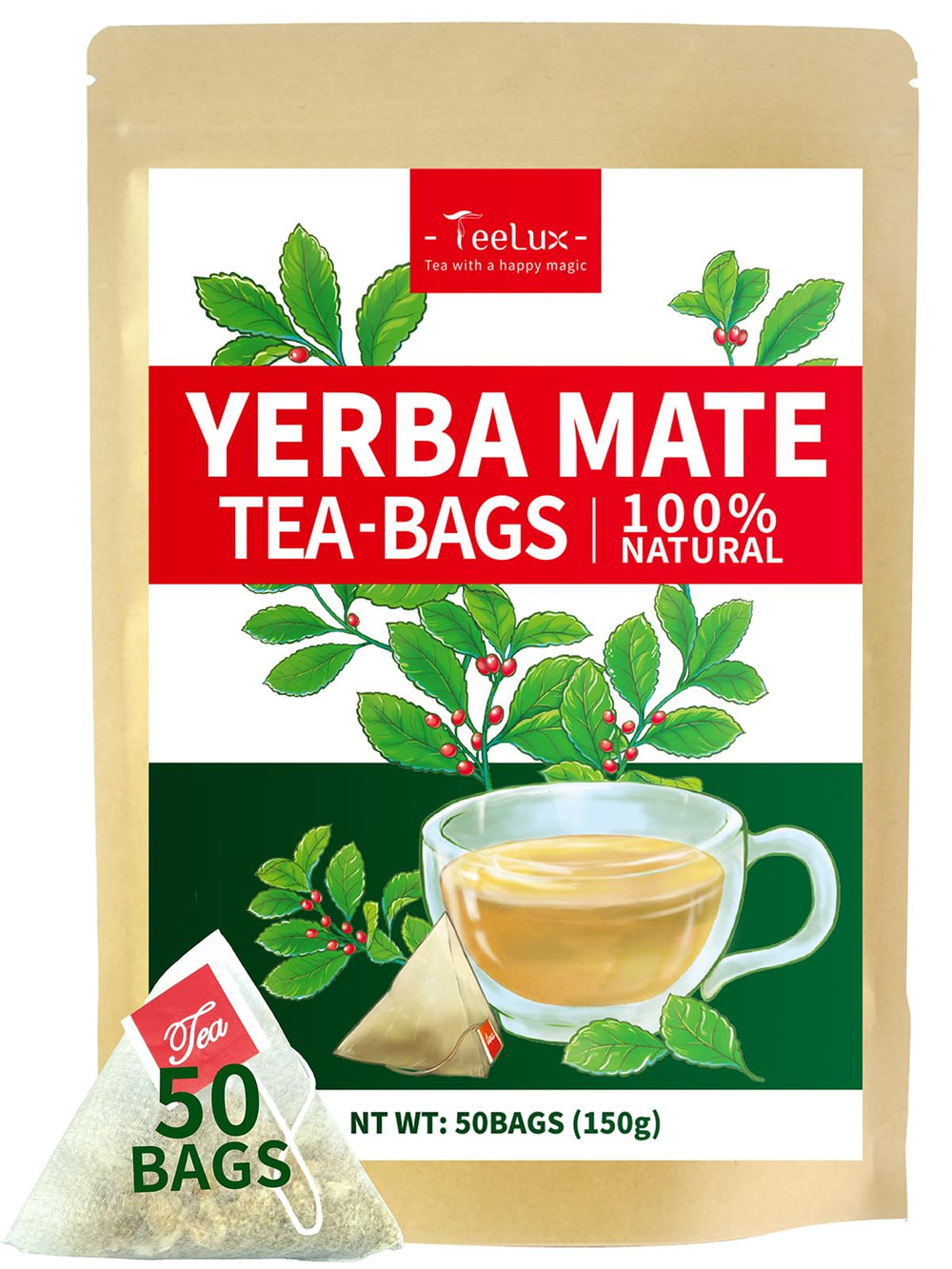 Teelux Yerba Mate tea bag unsmoked in cup showing smooth aroma and flavor