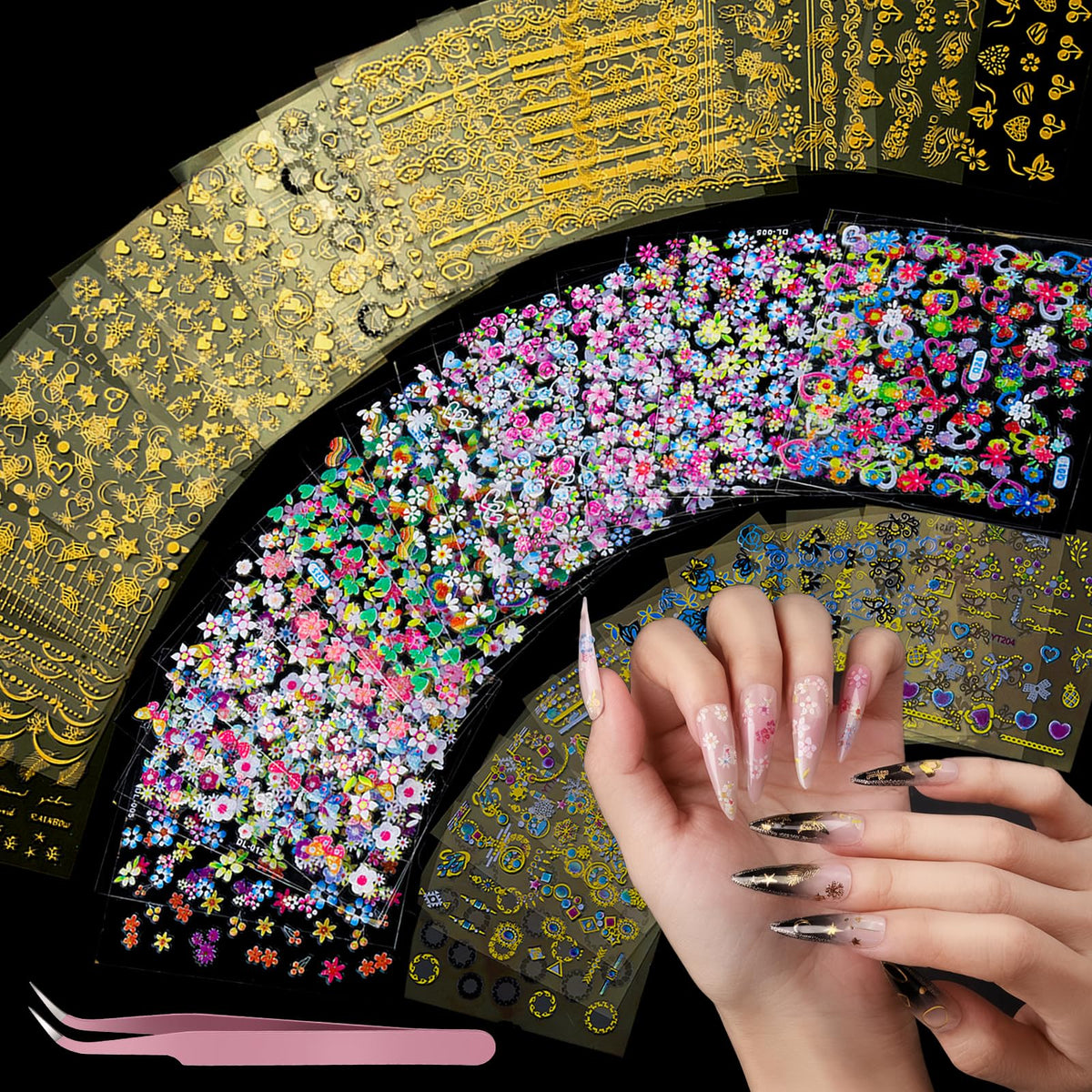 Teenitor flower gold decal nails for elegant floral nail art