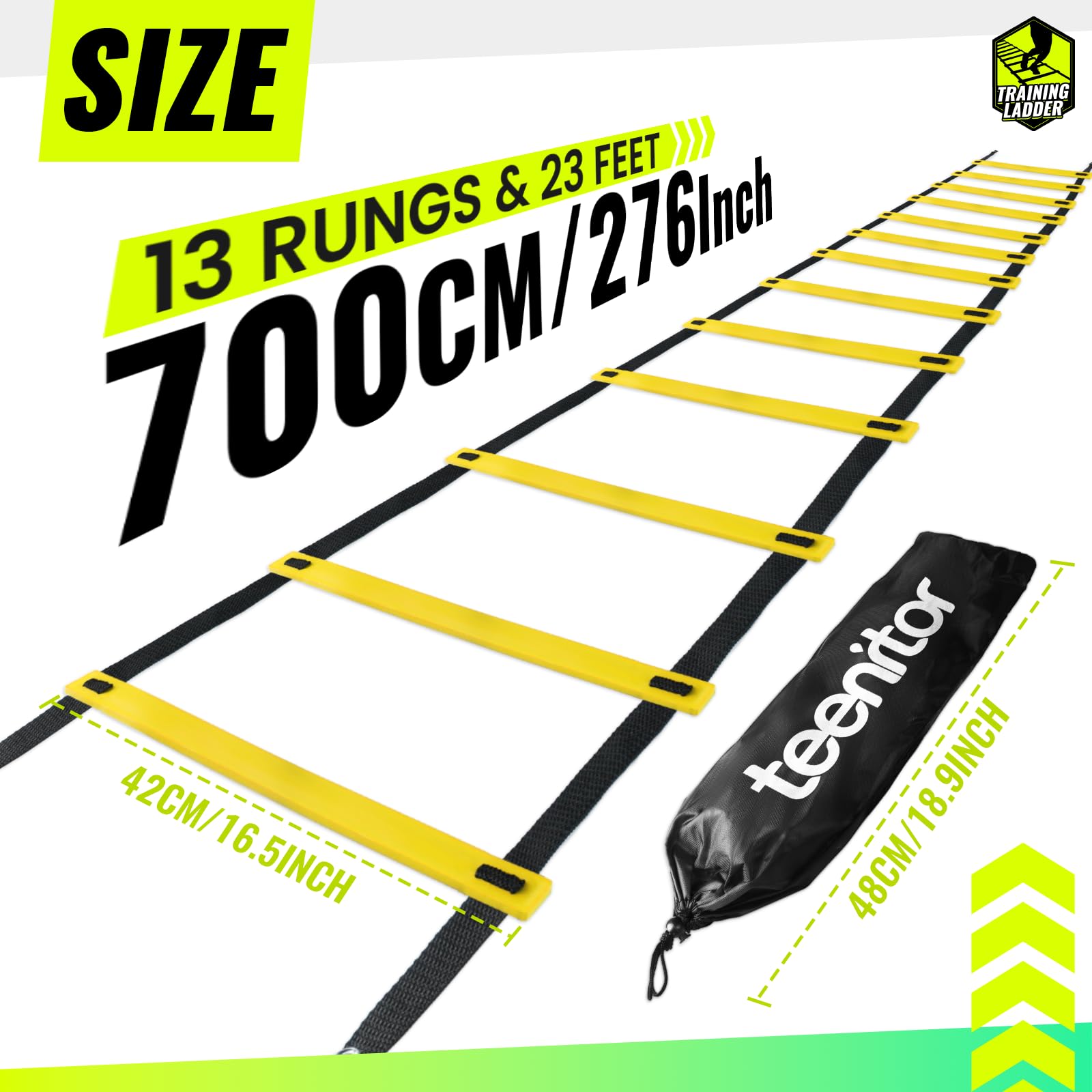 Teenitor 13-rung ladder with reinforced nylon straps for rugged workouts.