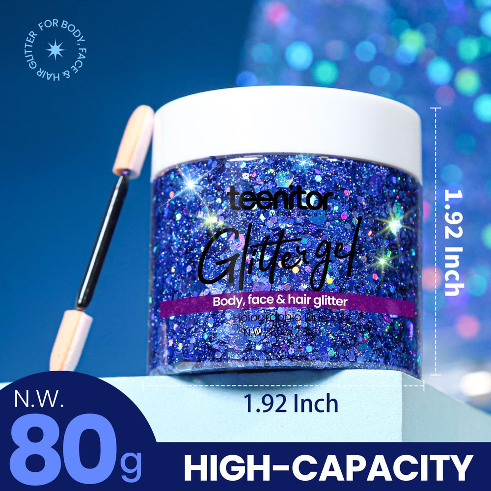 Teenitor Blue Glitter Gel face close-up ready for all-day wear.