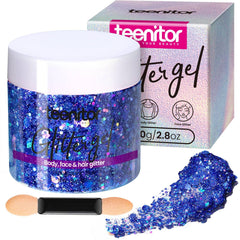 Teenitor Blue Body Glitter Gel jar showing versatile sparkle for face, hair, and skin.