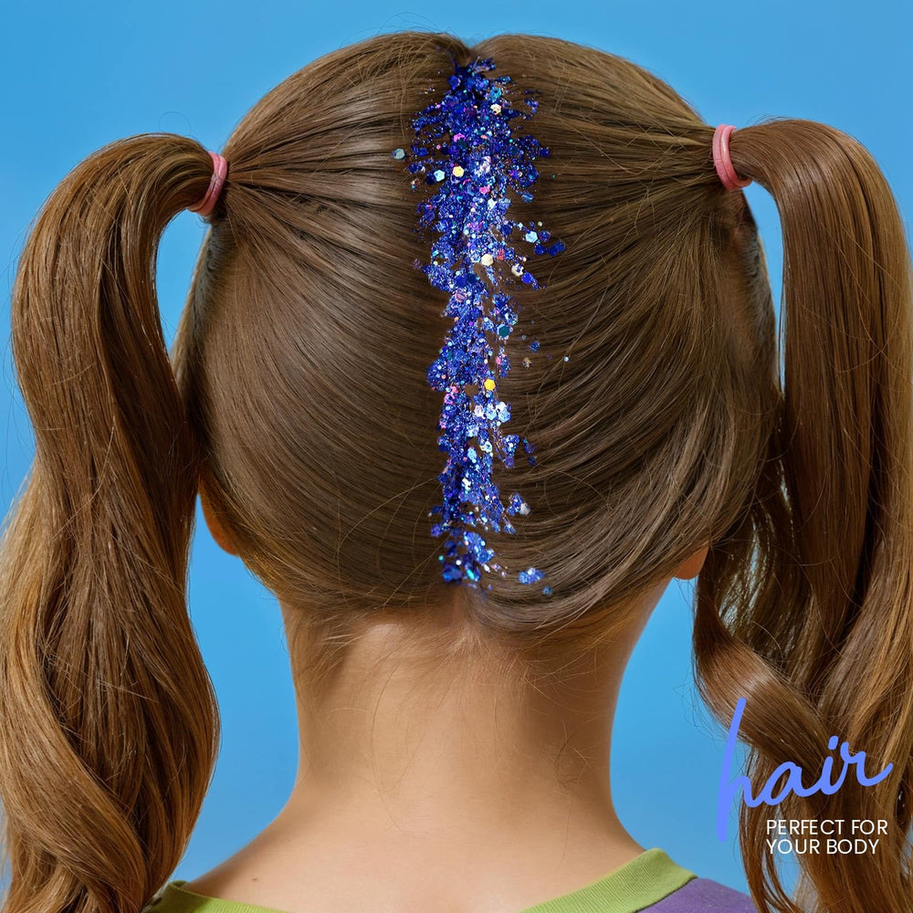 Teenitor Blue Glitter Gel body sparkle on skin during festival.
