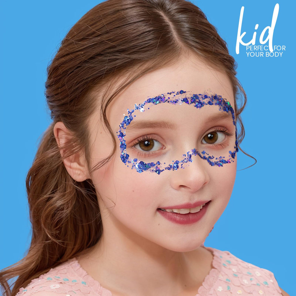 Teenitor Blue Glitter Gel festival look under stage lights.
