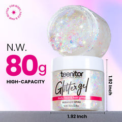 Close-up of Teenitor glitter gel label highlighting quick-dry formula.