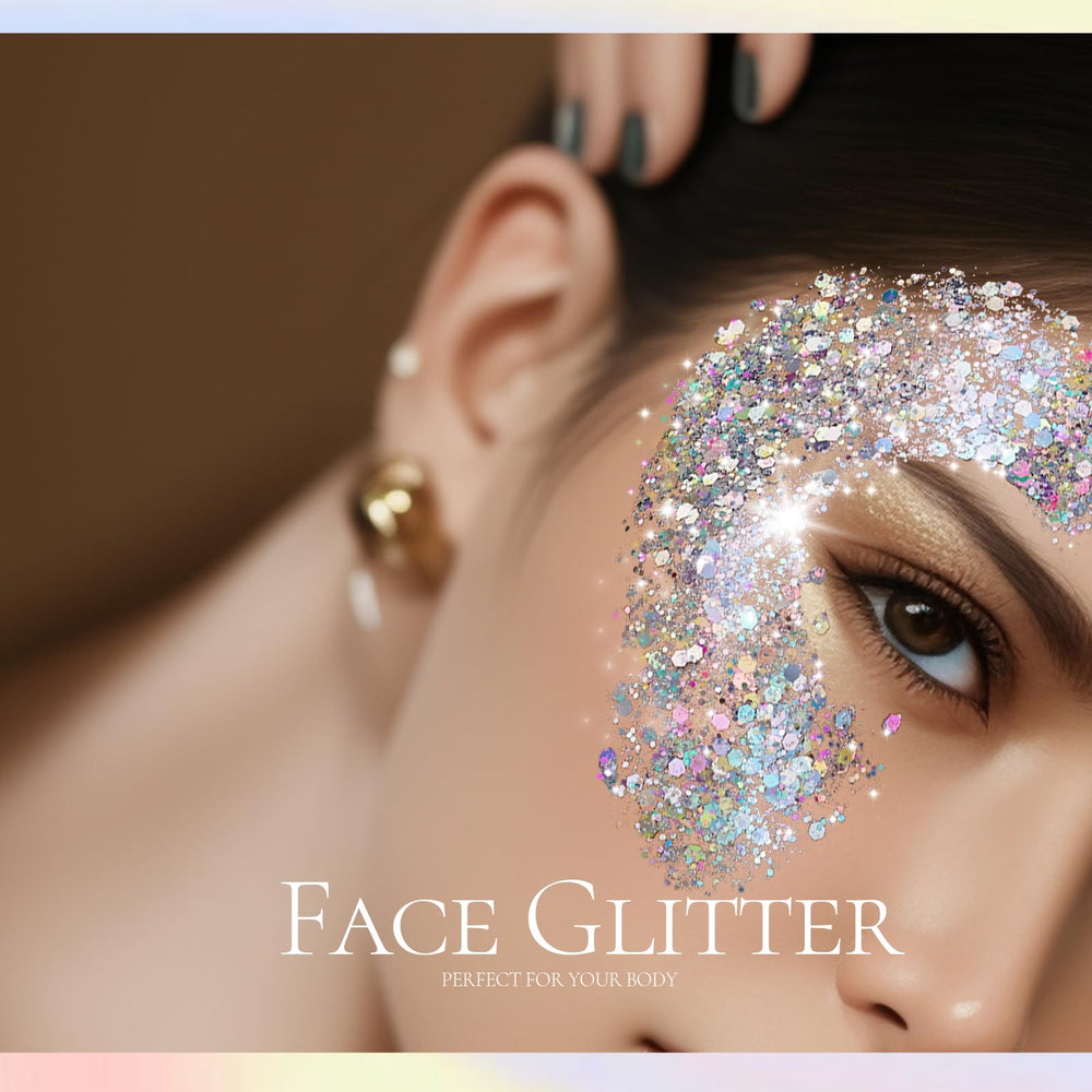 Body glitter applied on skin and collarbone for evening glamour