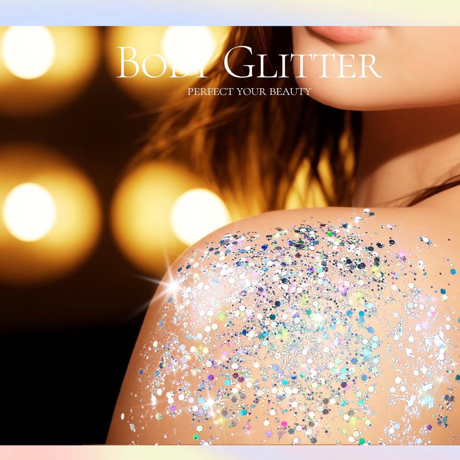 Face and eye glitter application to enhance eyes, cheeks and lips