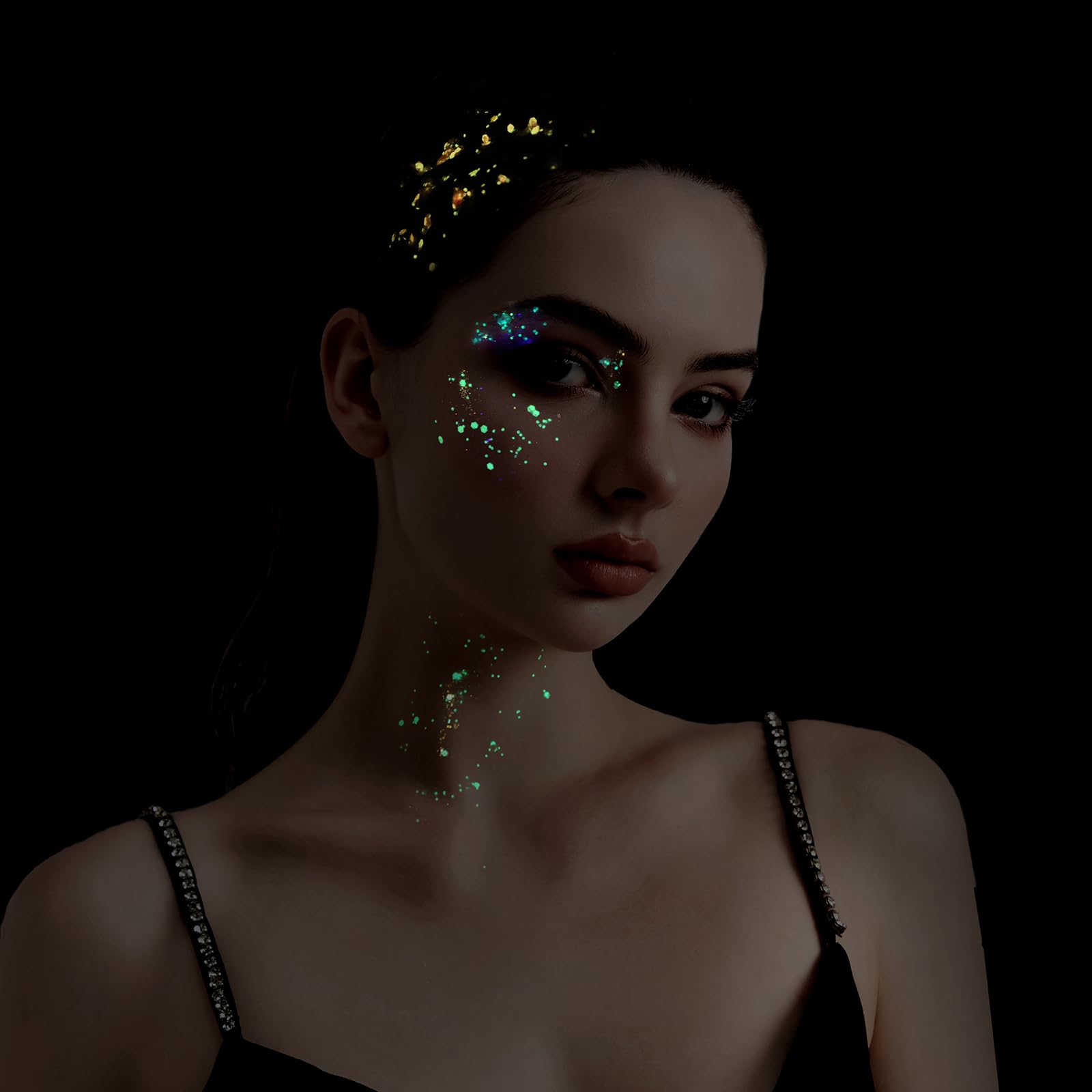 Teenitor face eyes and hair glitter under UV for cohesive looks.