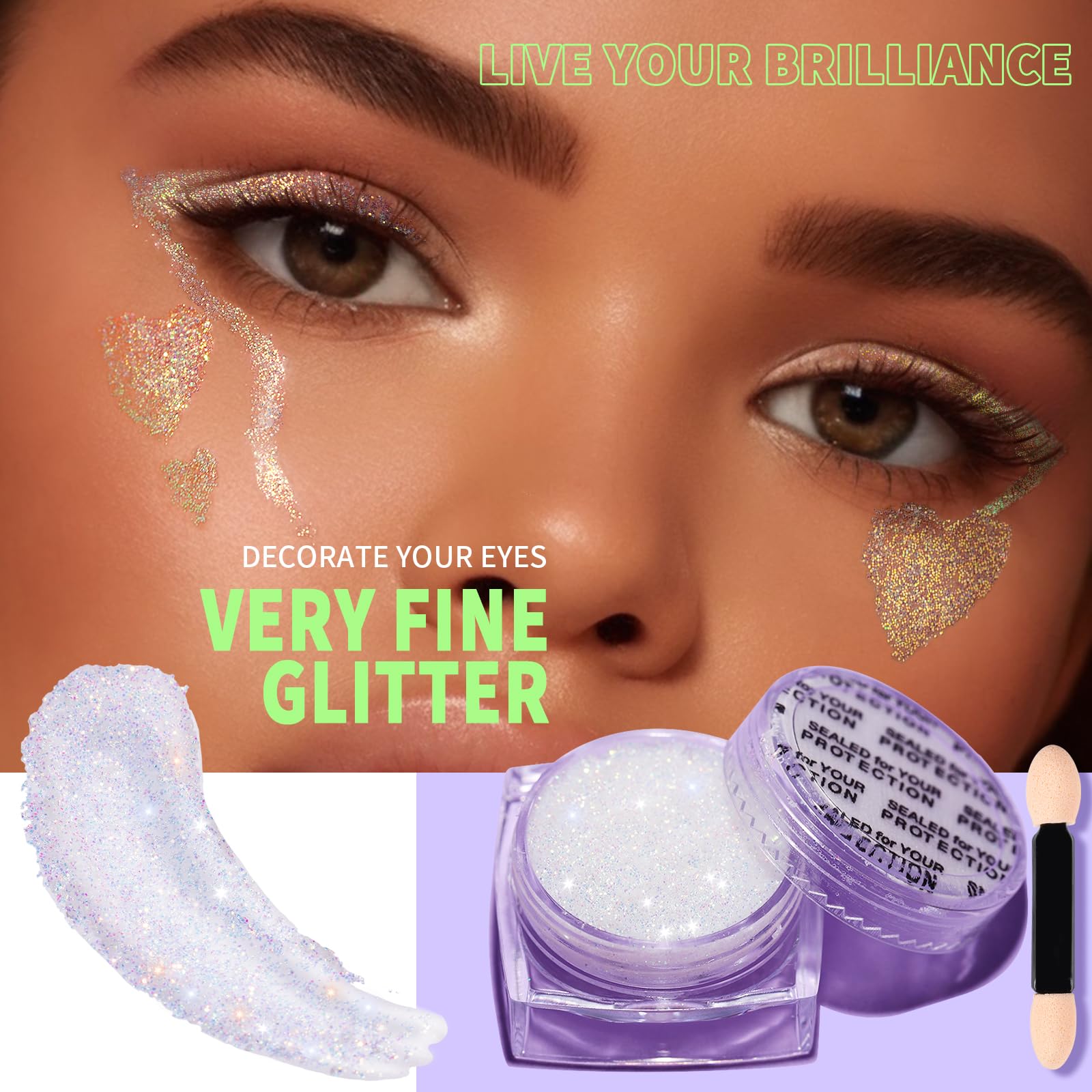 Teenitor butterflies and hearts glitter creates whimsical accents for playful party makeup.
