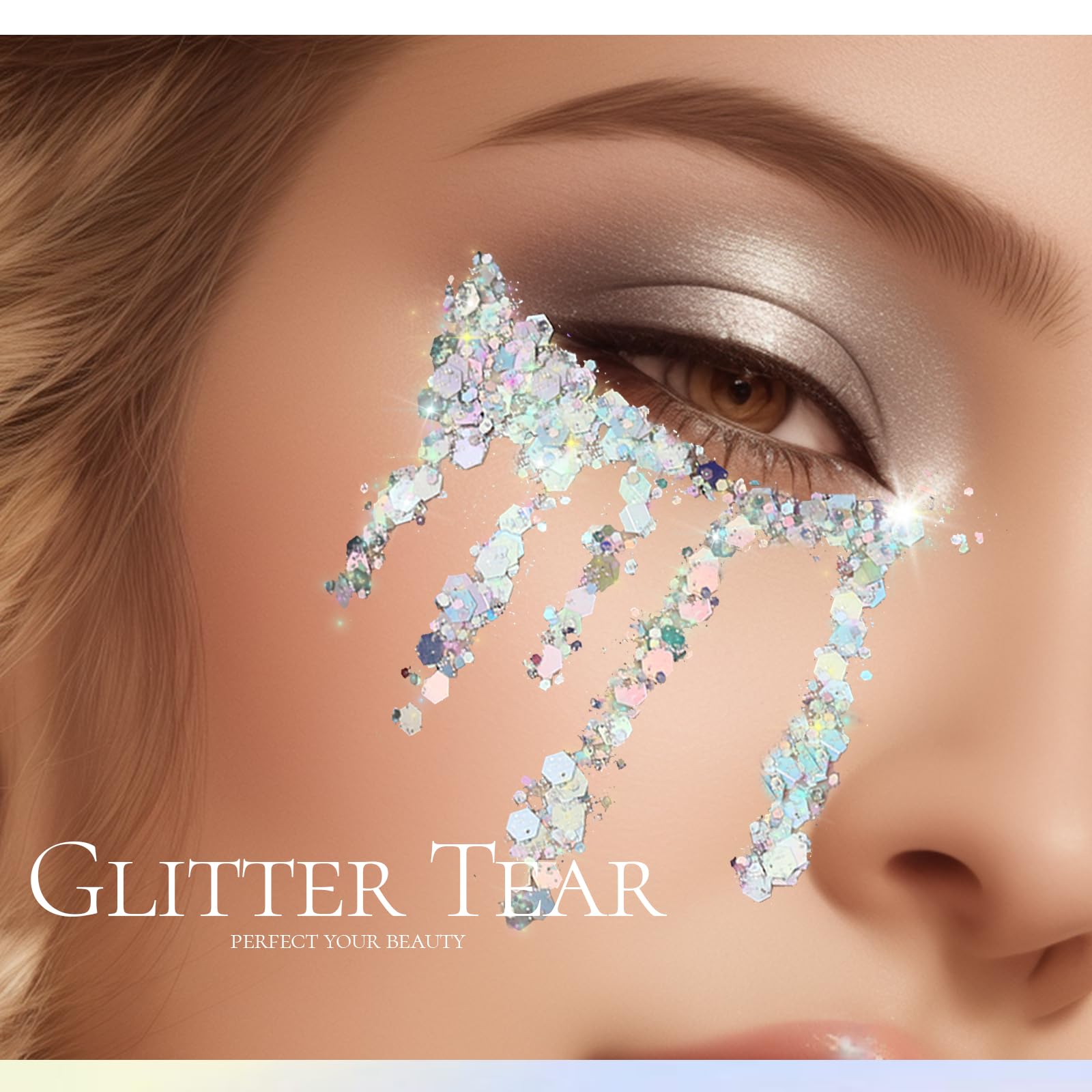 Festival-ready silver glitter gel creates a bold holographic glow