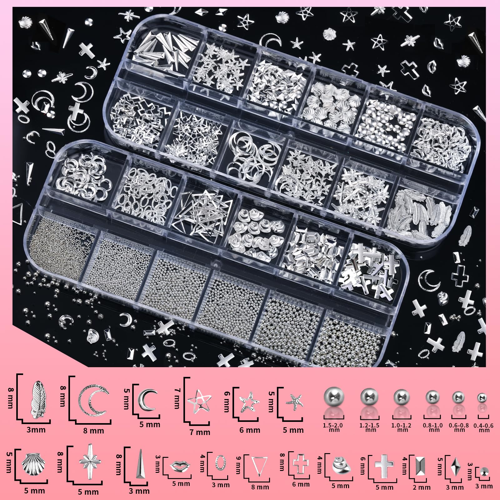 Teenitor half round silver pearls in mixed sizes for nail embellishment