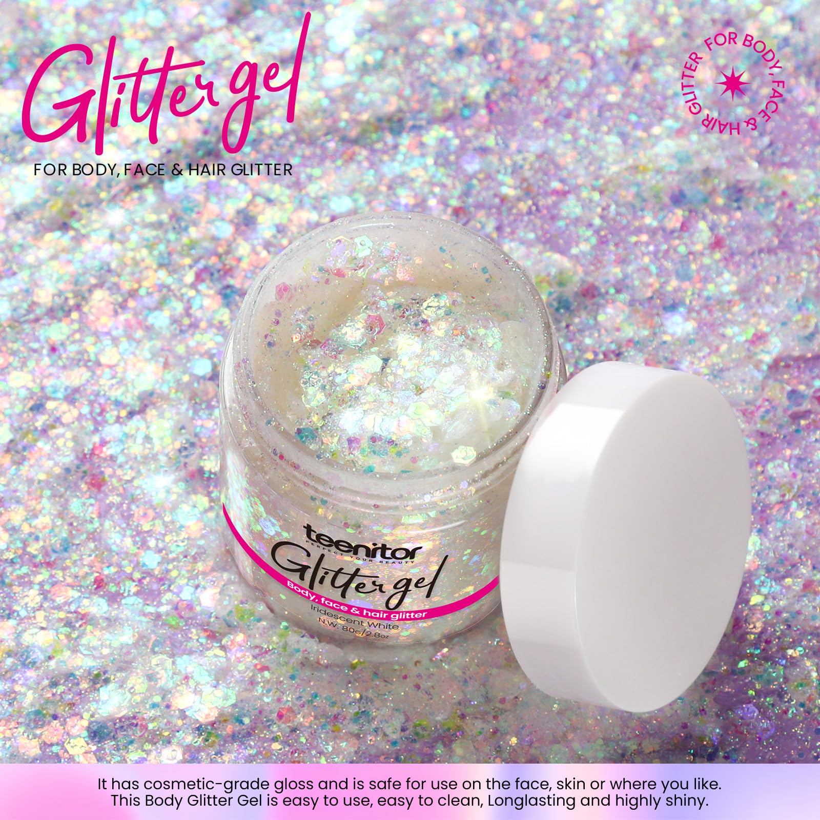 Teenitor glitter gel on hand ready for easy application.
