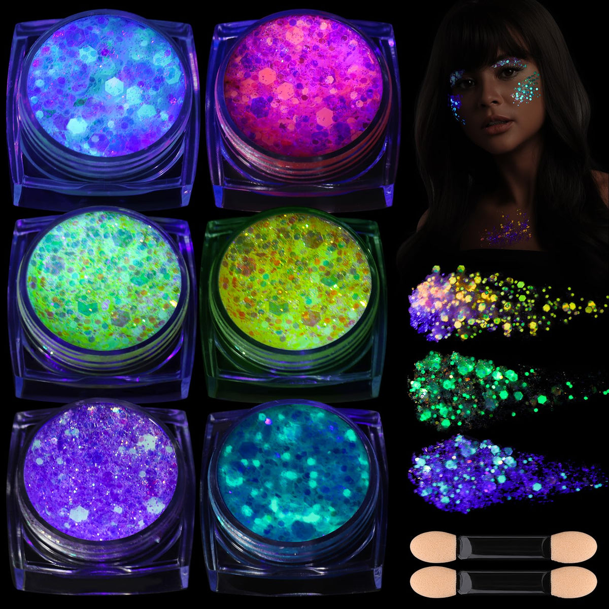 Teenitor glow-in-the-dark glitter gel bottle glows under UV light for festivals.