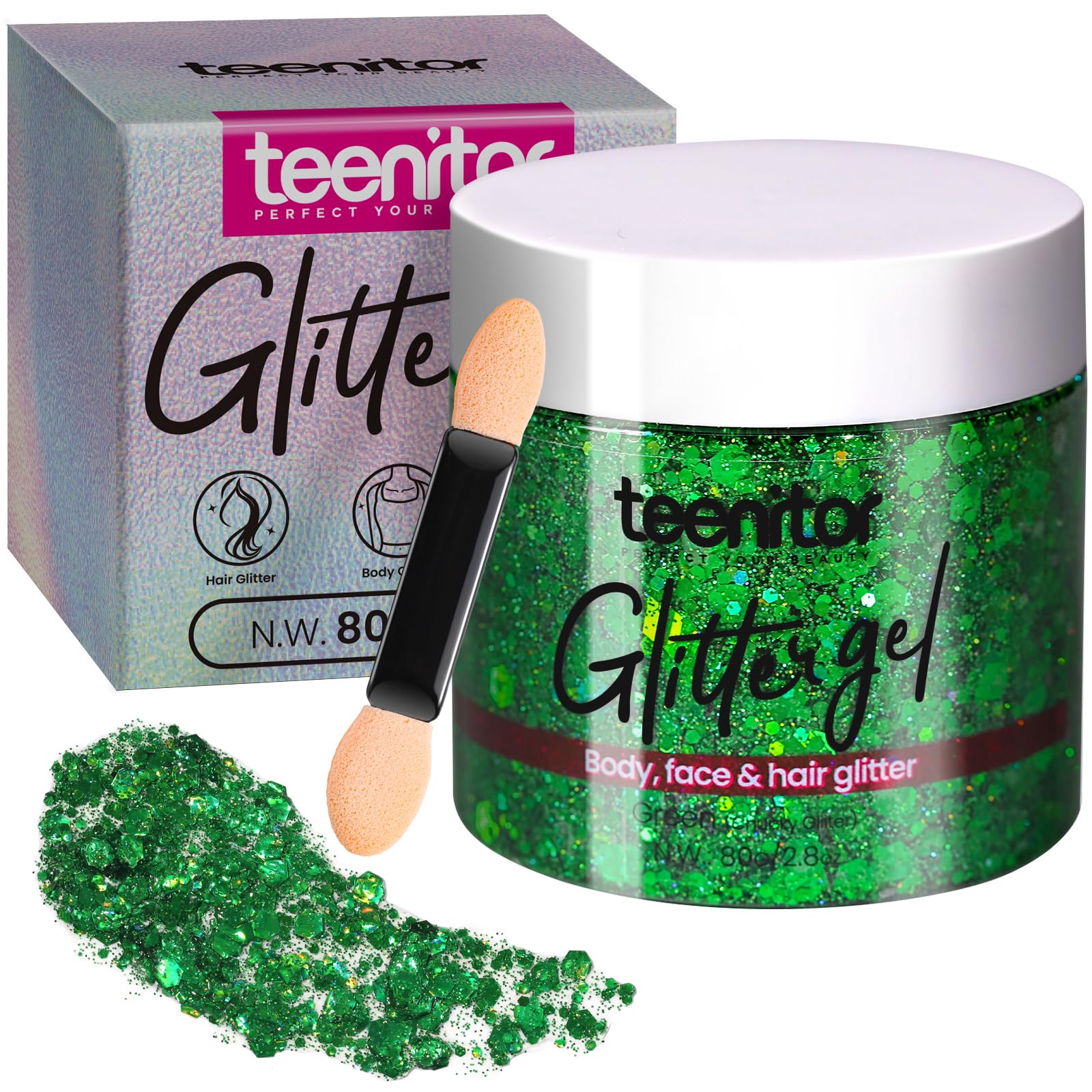 Teenitor green body glitter bottle with holographic shimmer for easy application