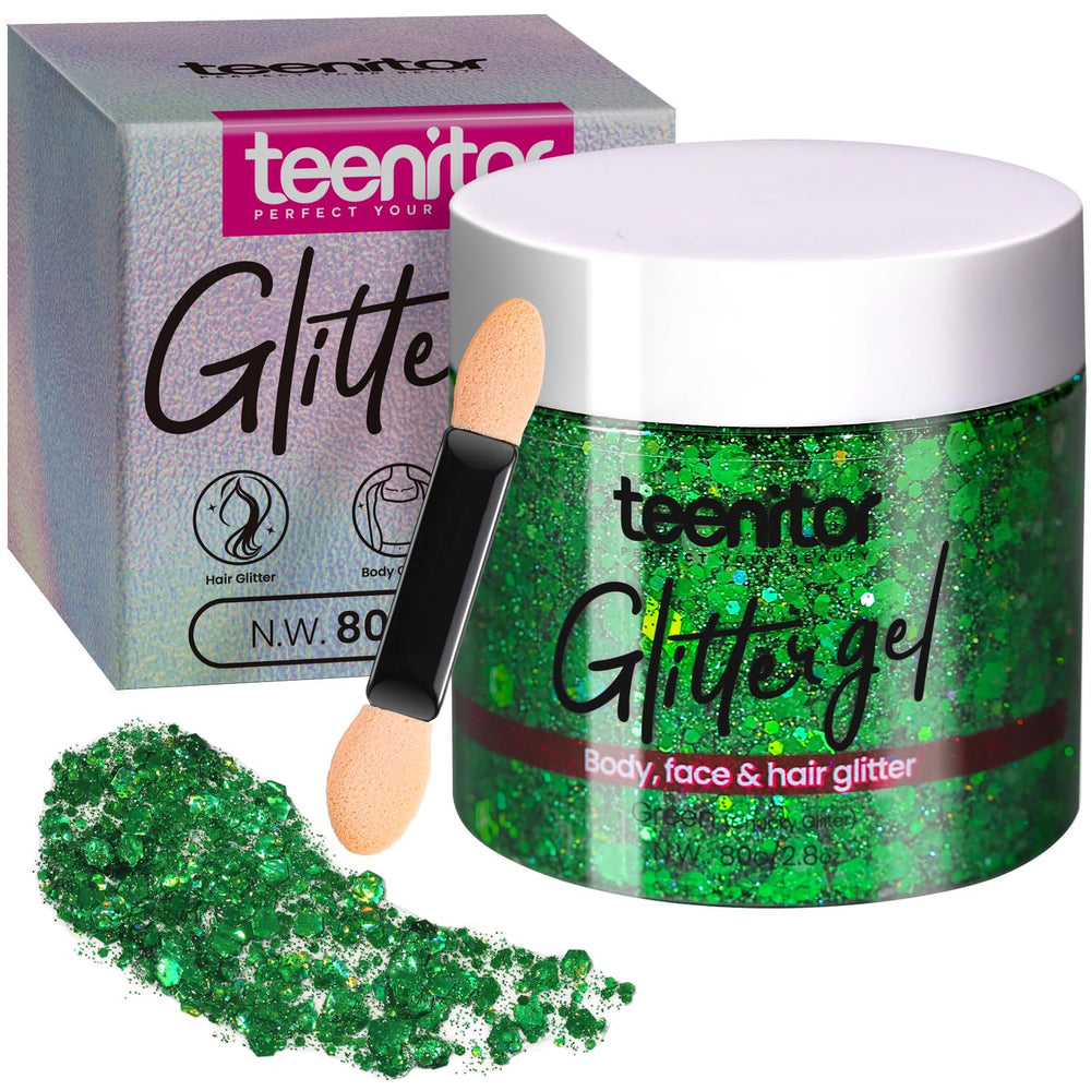 Teenitor green body glitter bottle with holographic shimmer for easy application