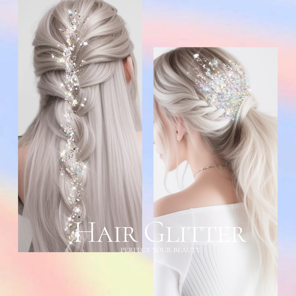 Hair and eyebrow glitter application for shimmering styling