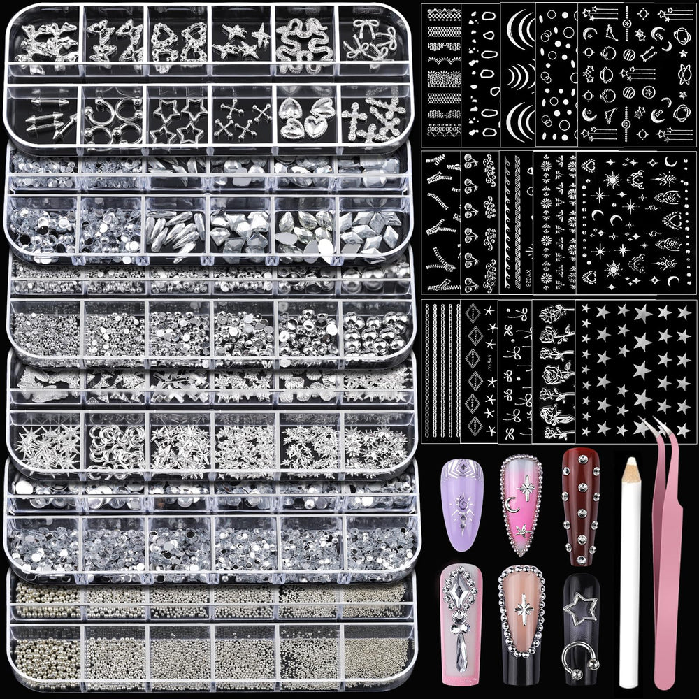 Teenitor silver nail charms and rhinestones for dazzling 3D nail art