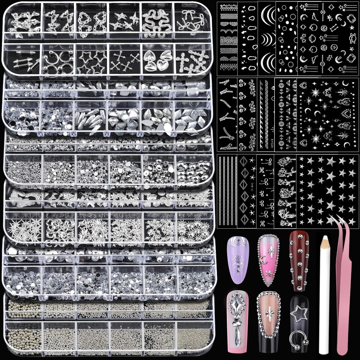 Teenitor silver nail charms and rhinestones for dazzling 3D nail art