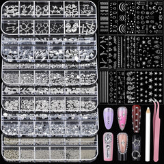 Teenitor silver nail charms and rhinestones for dazzling 3D nail art