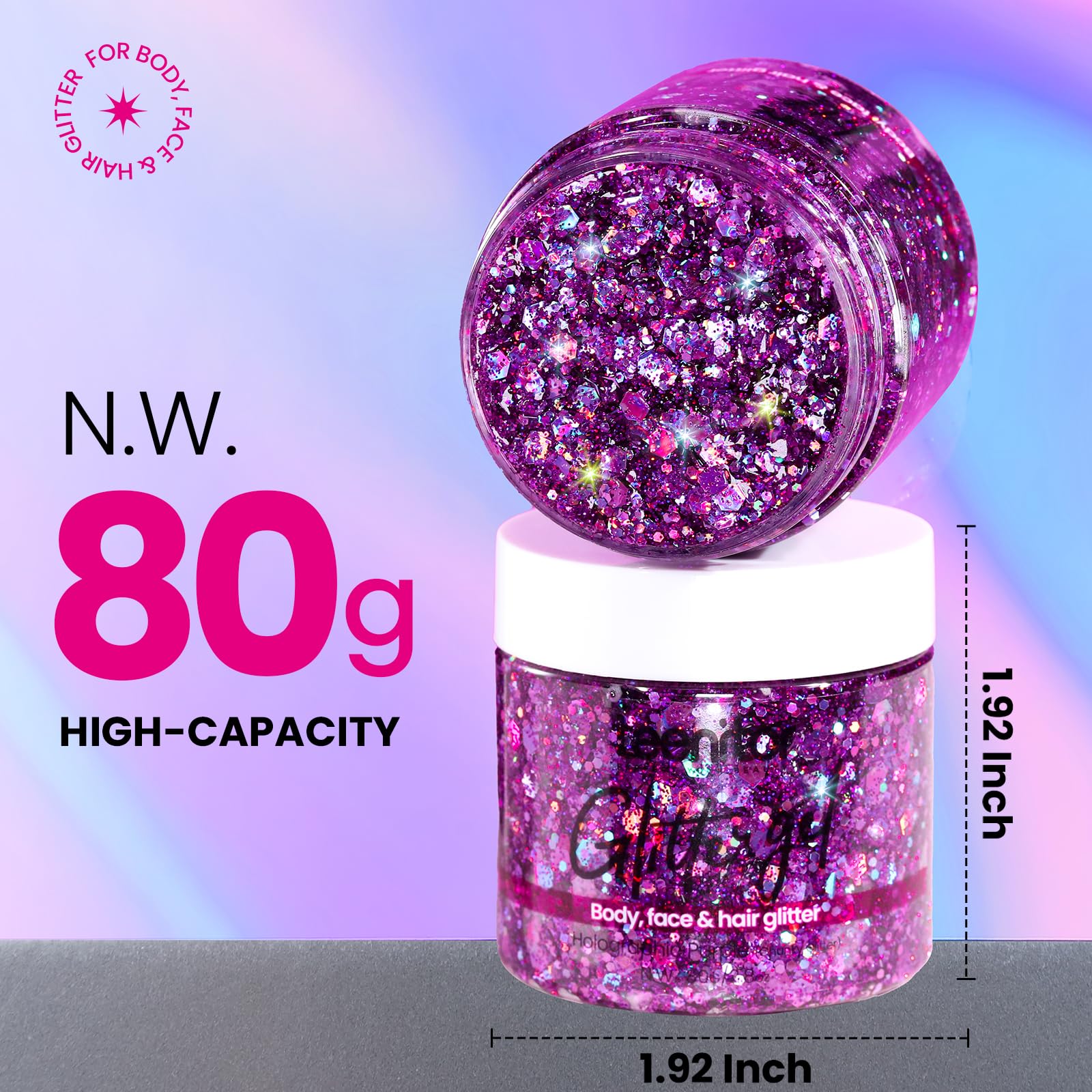Teenitor purple body glitter gel applied to the body for long-lasting sparkle
