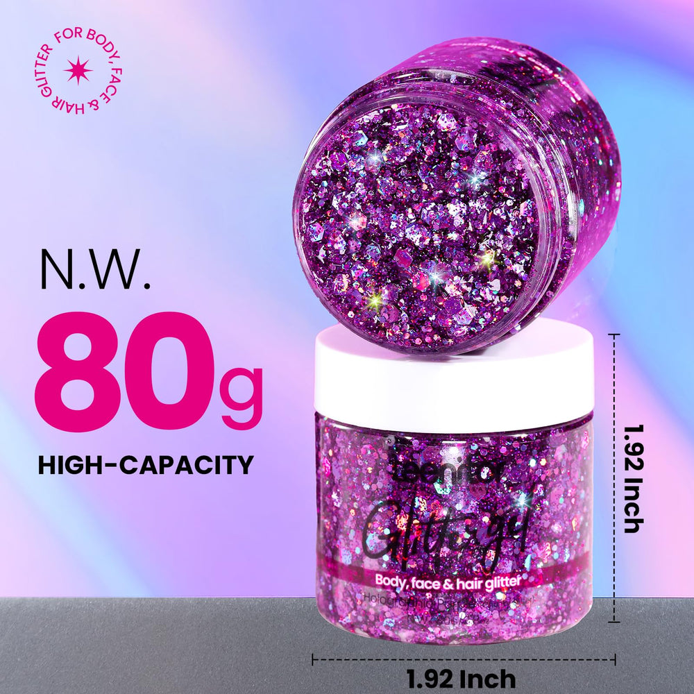 Teenitor purple body glitter gel applied to the body for long-lasting sparkle