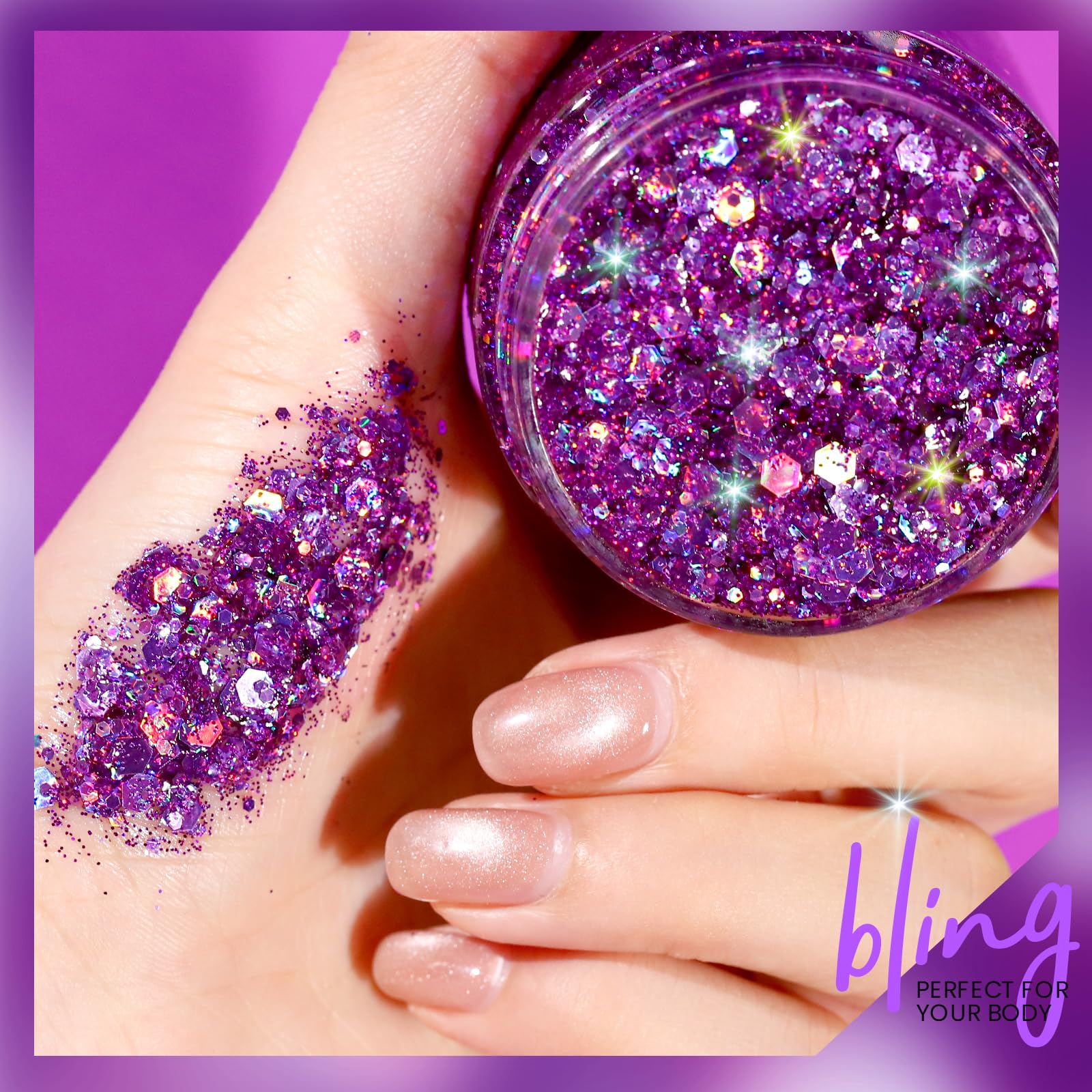 Teenitor purple body glitter gel used on the hair for shimmering texture