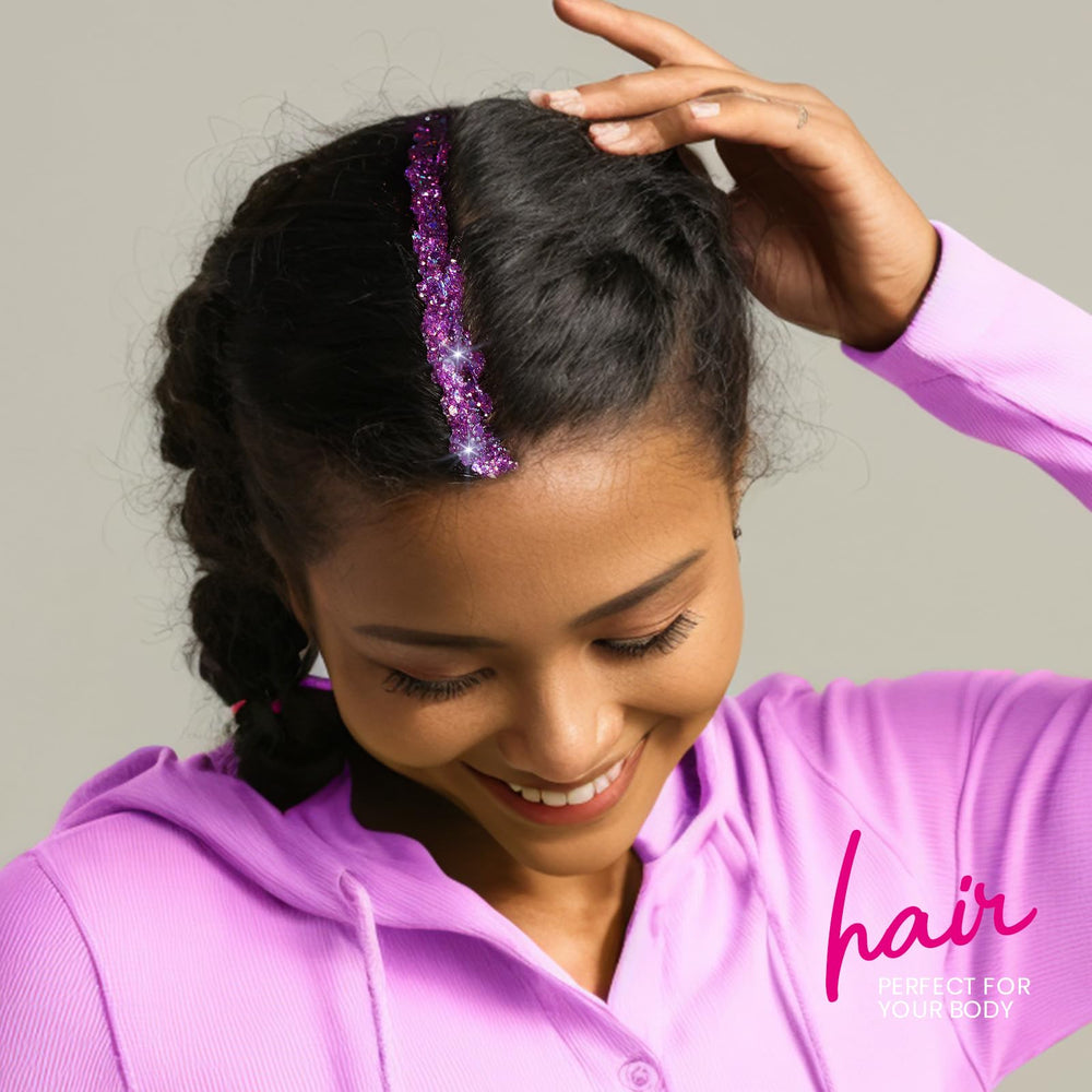 Teenitor purple glitter gel adhesion demonstrating stay-put sparkle during performance