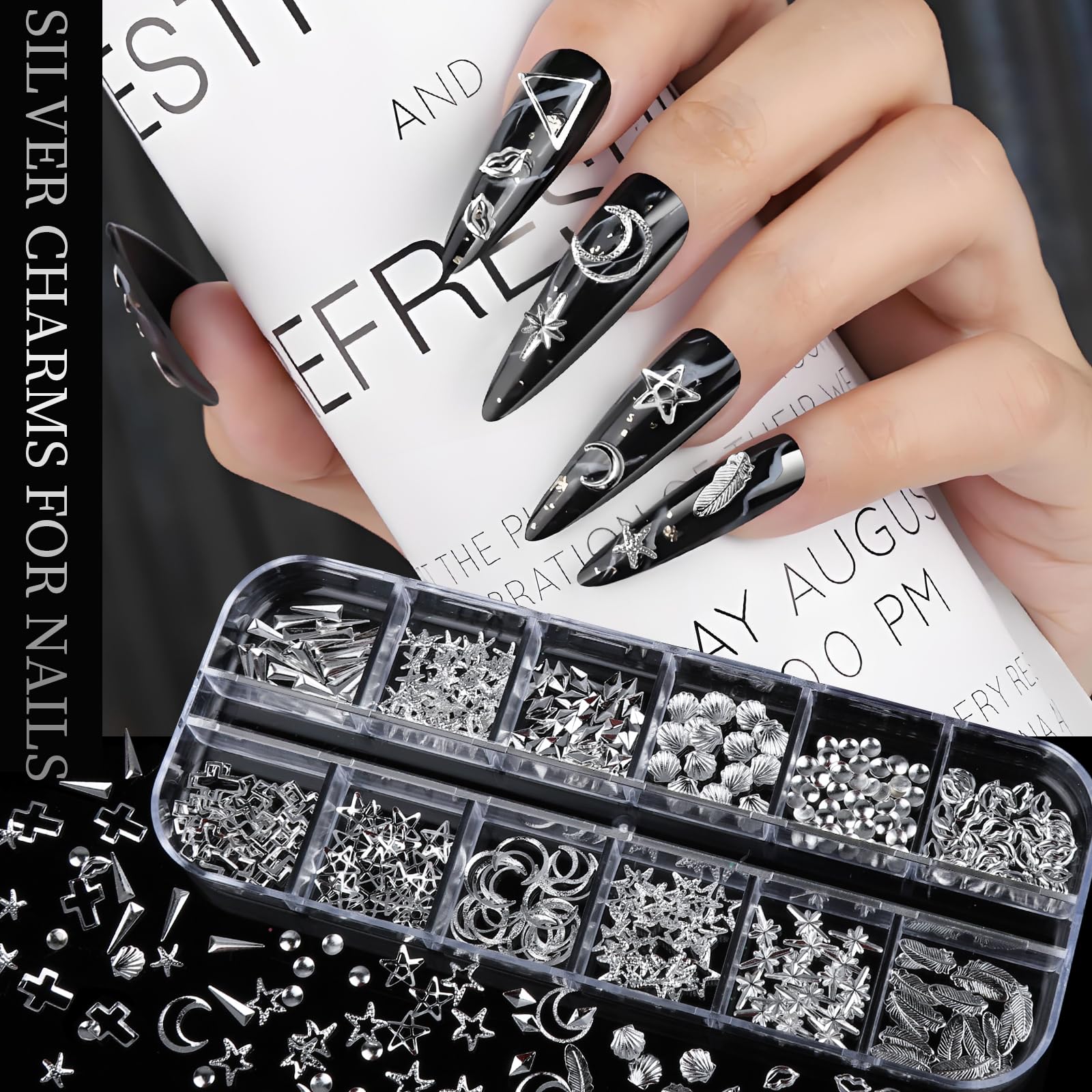 Teenitor 12 styles of silver charms for eye catching nails