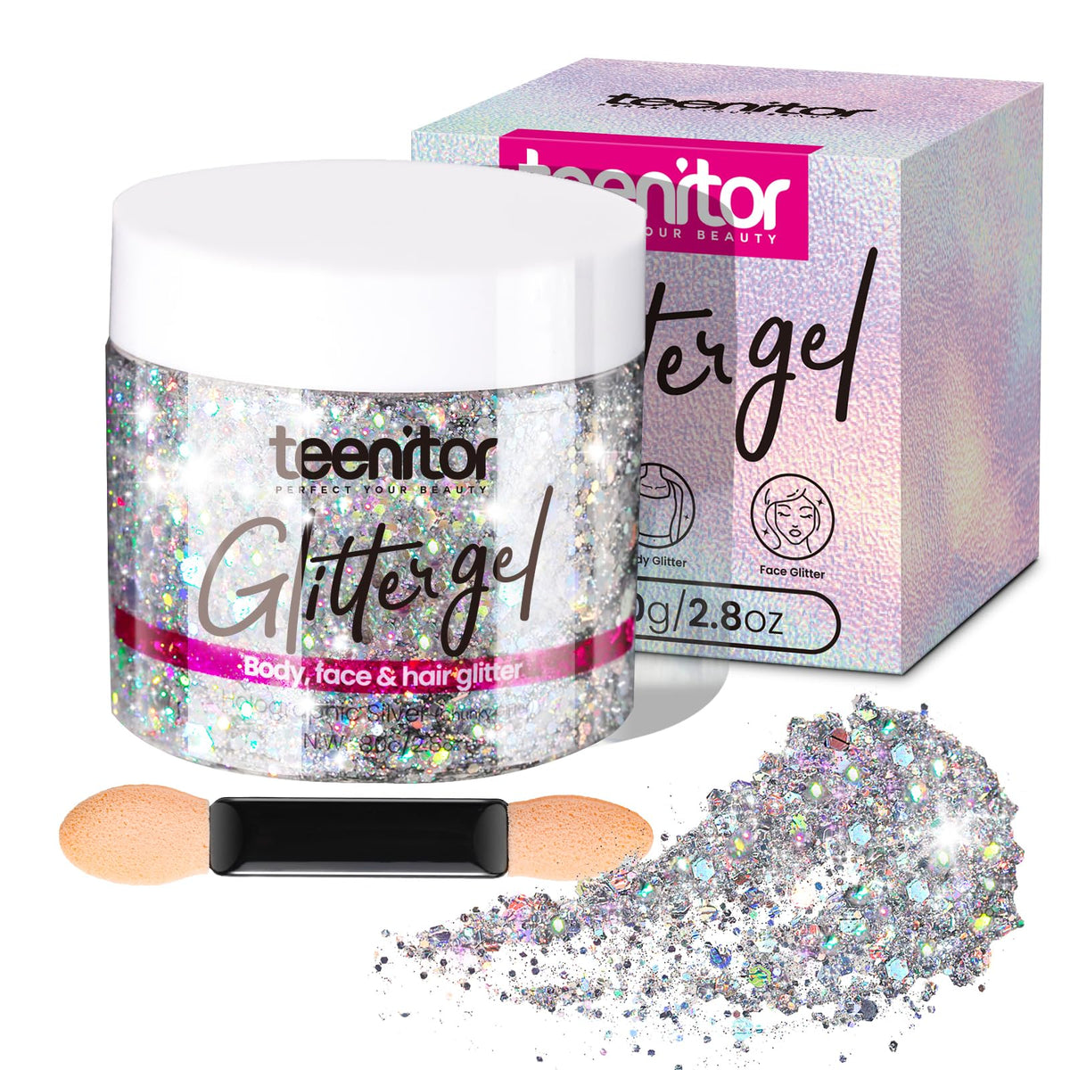 Teenitor silver glitter gel on face, body and hair for radiant shine
