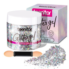 Teenitor silver glitter gel on face, body and hair for radiant shine