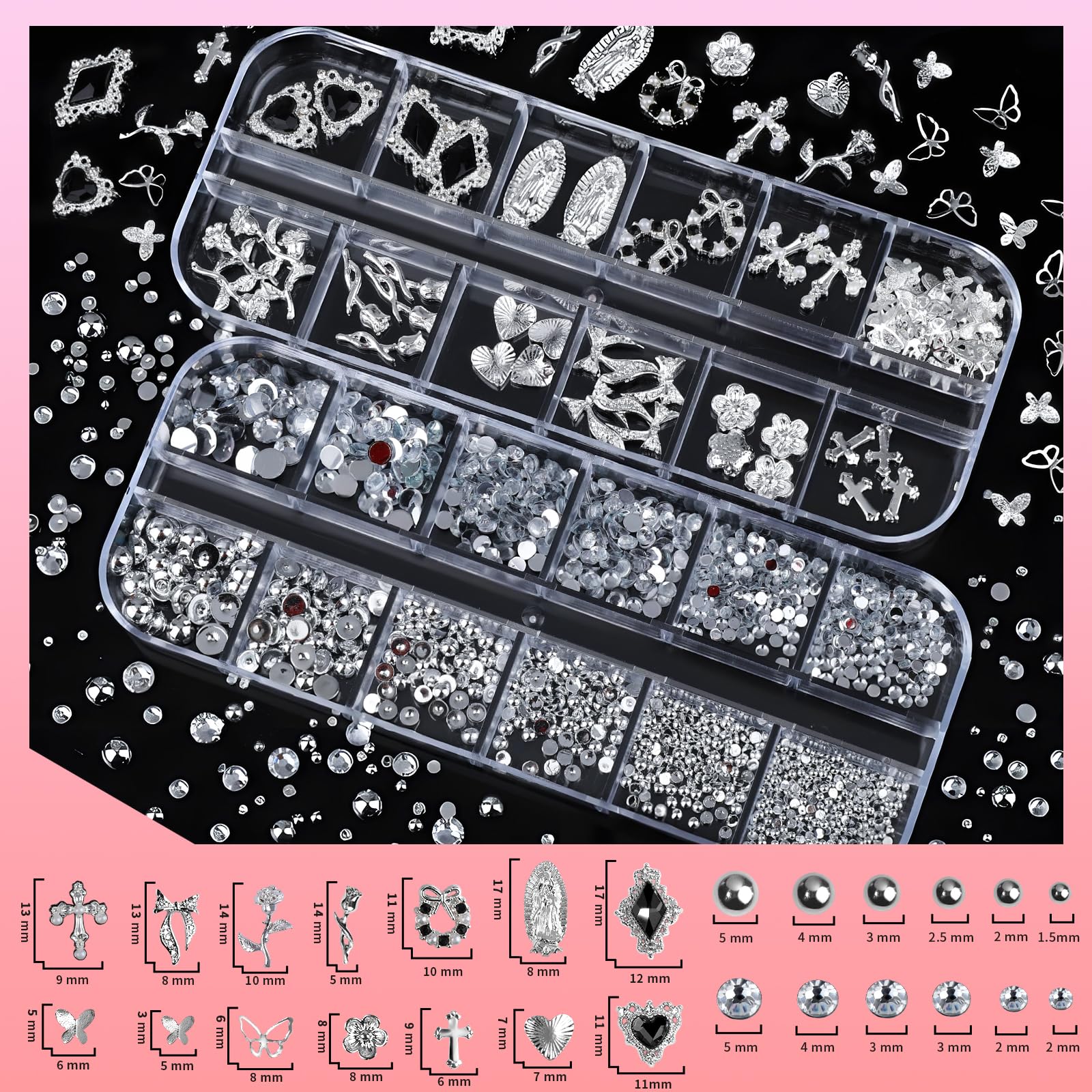 Teenitor 3D silver nail charms in 12 styles for personalized art