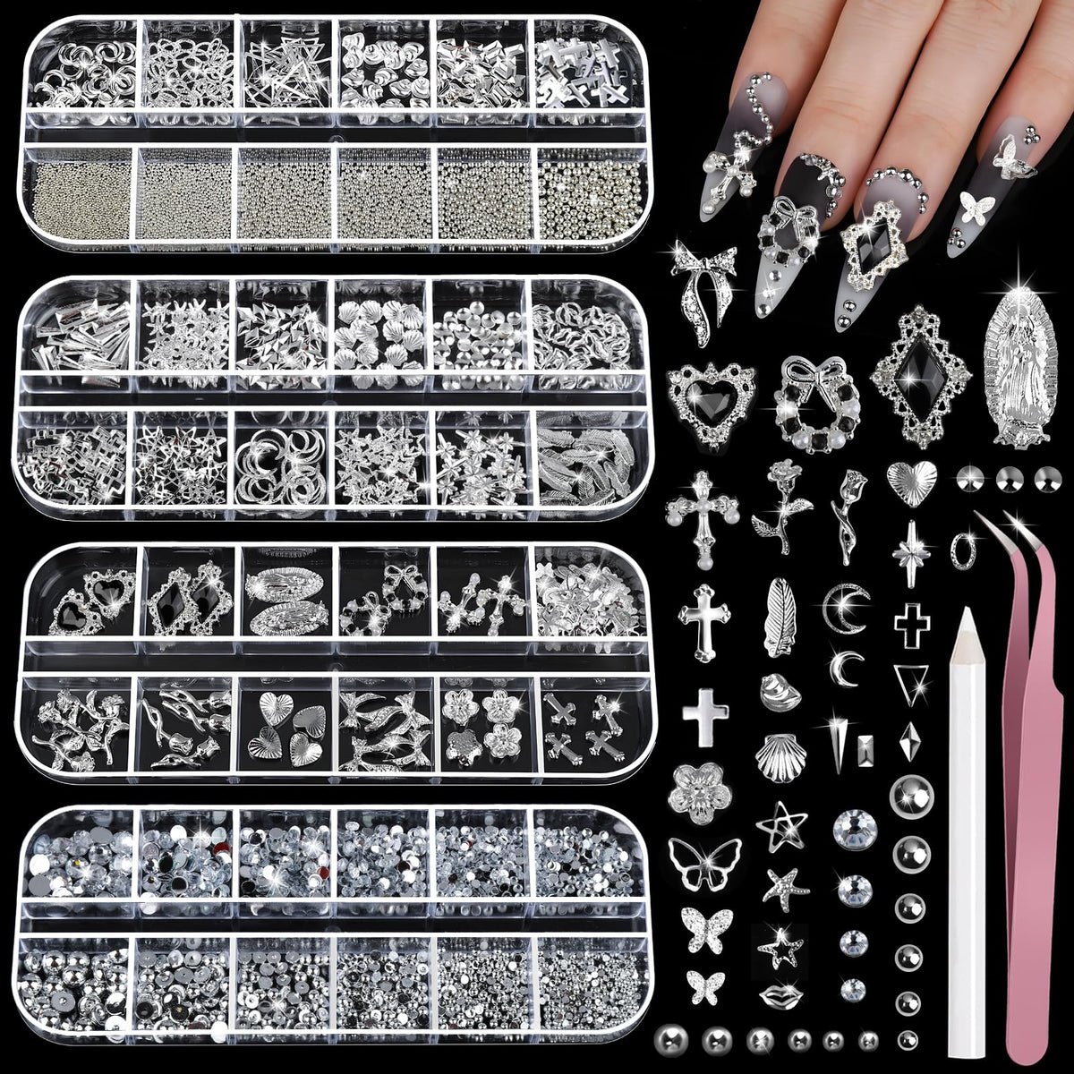 Teenitor silver nail charms kit box displaying 12 shapes for luxe designs