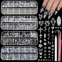 Teenitor silver nail charms kit box displaying 12 shapes for luxe designs
