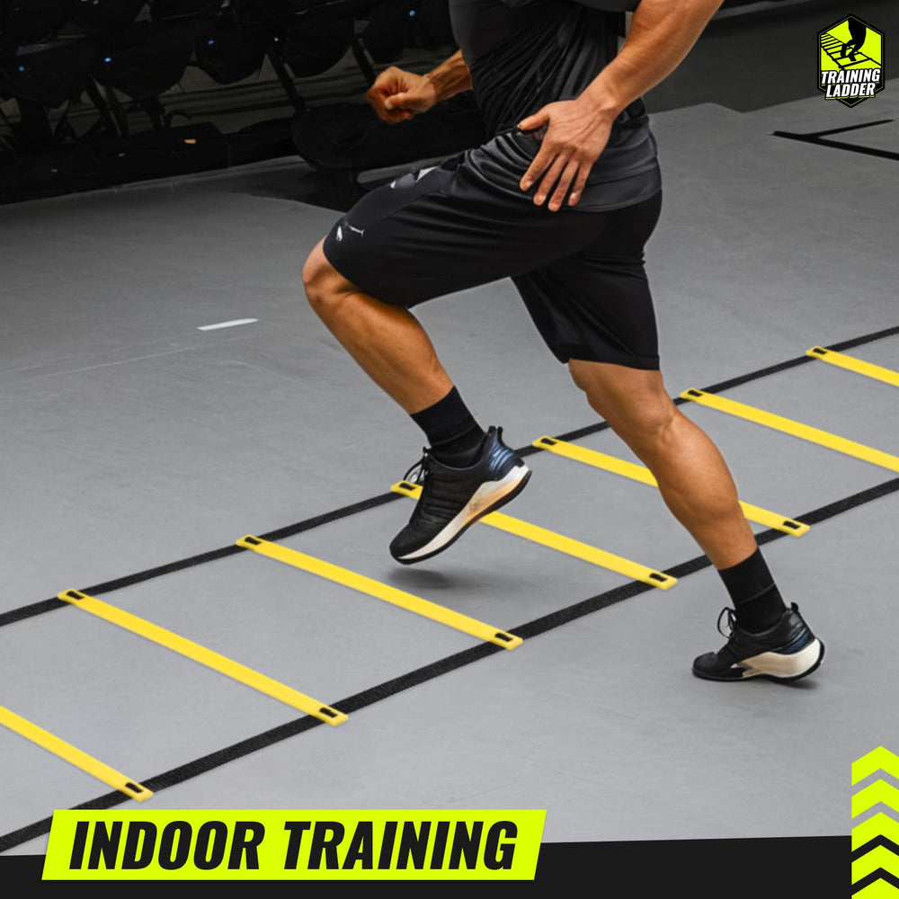Teenitor ladder used for soccer and plyometric drills on any surface.
