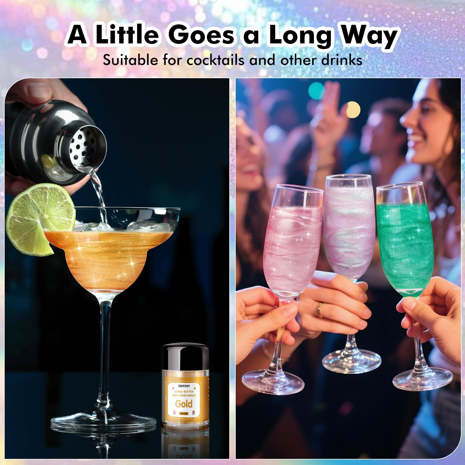 TEENTHY cocktail sparkles add premium shine to beverages.