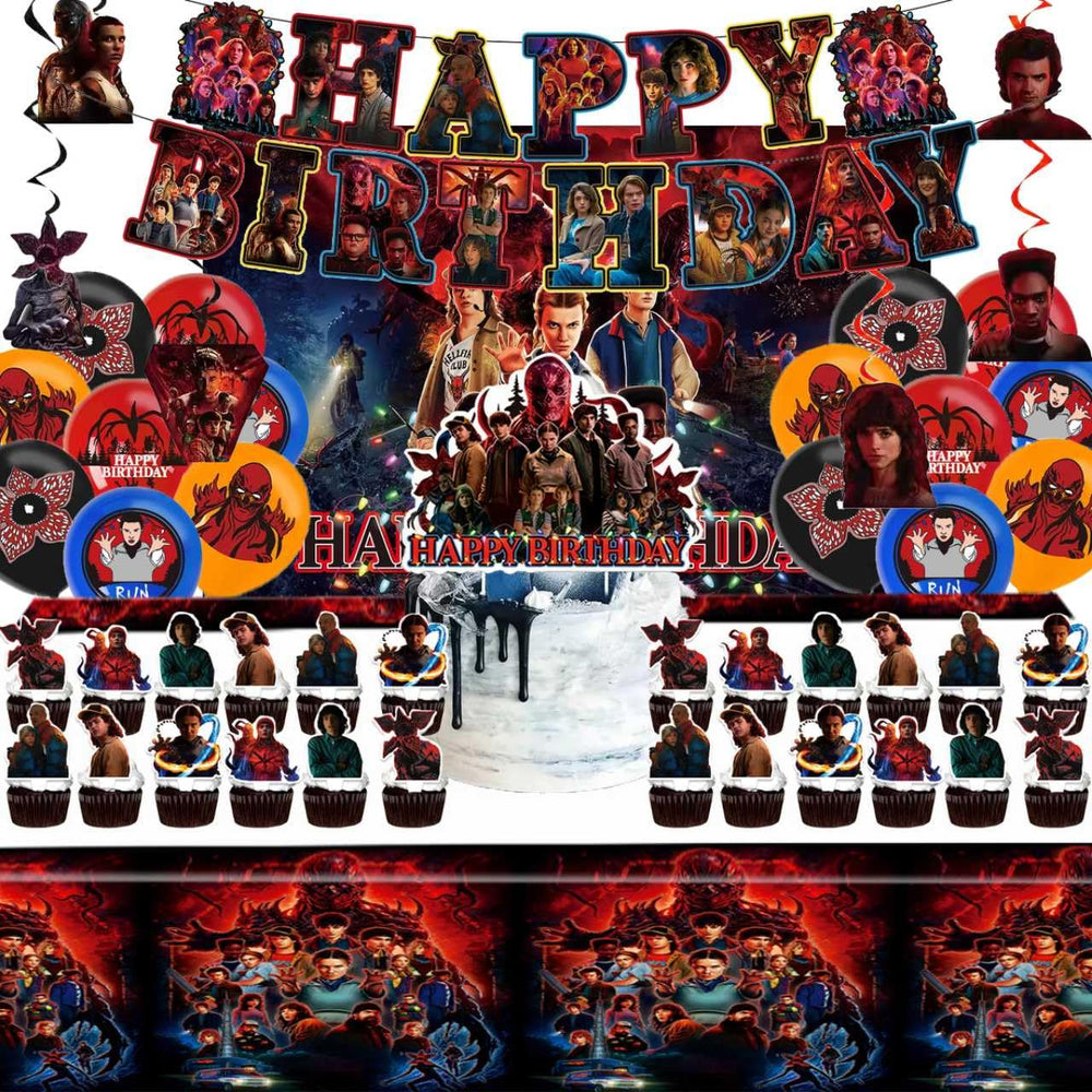 Teeo Deeo Stranger party banner enhances birthday decor with bold visuals.