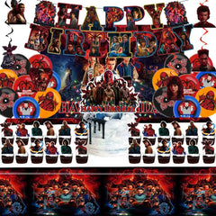 Teeo Deeo Stranger party banner enhances birthday decor with bold visuals.