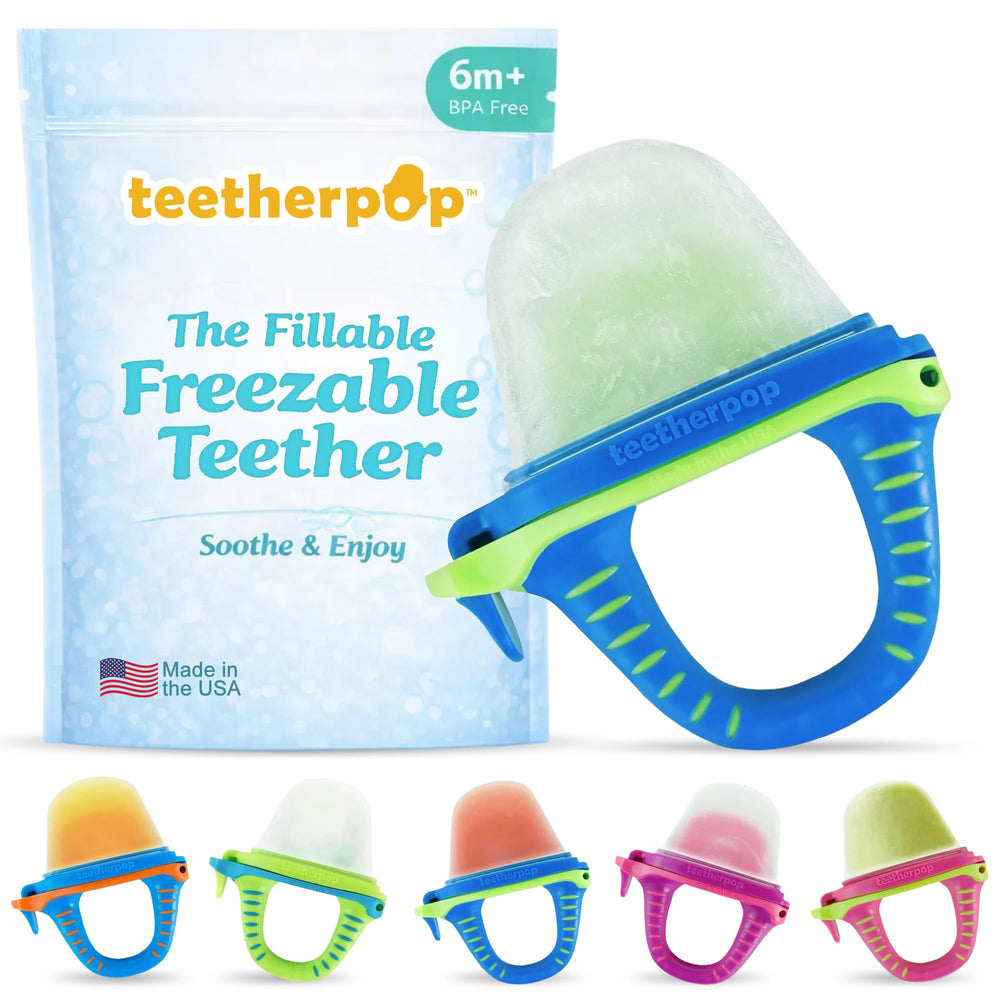 Teetherpop blue fillable teether with breastmilk reservoir for mess-free teething relief.