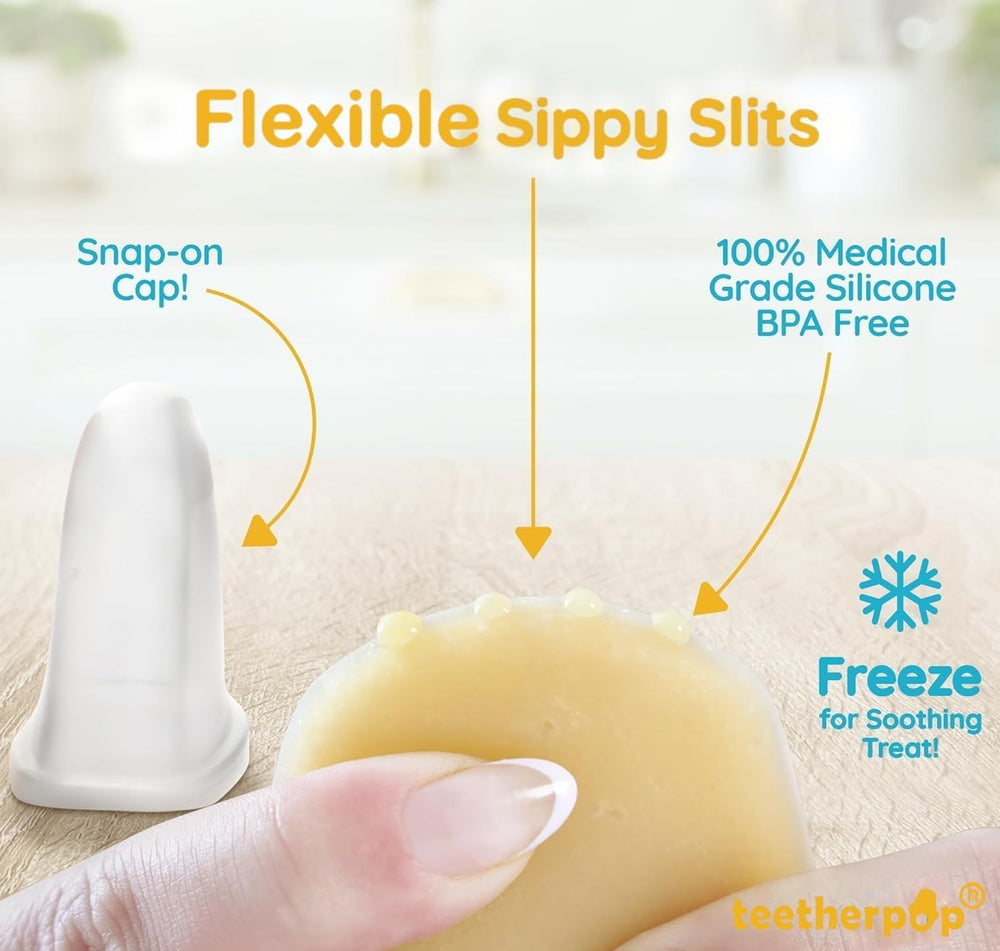 Teetherpop on-the-go teething solution with protective cap stays clean.