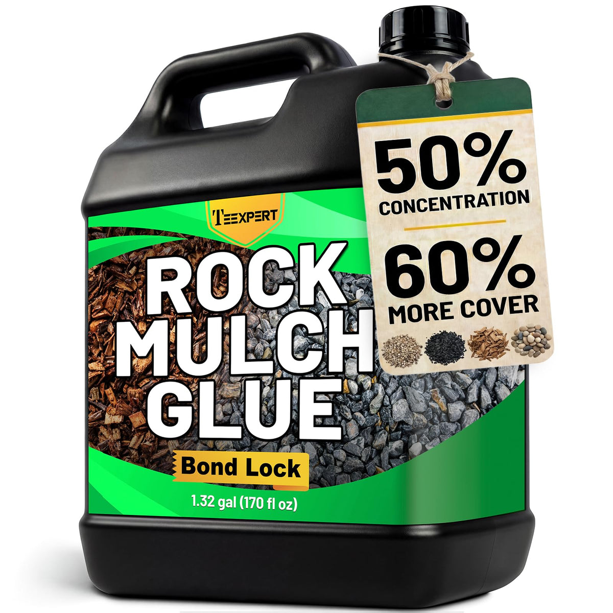 Teexpert mulch glue bottle shows concentrated formula for large landscaping projects.