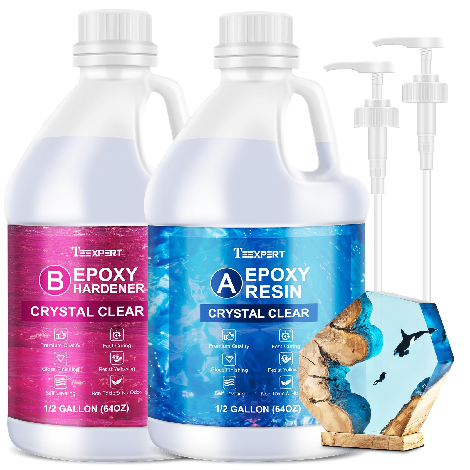Teexpert crystal clear resin with pumps for neat, mess-free dispensing.