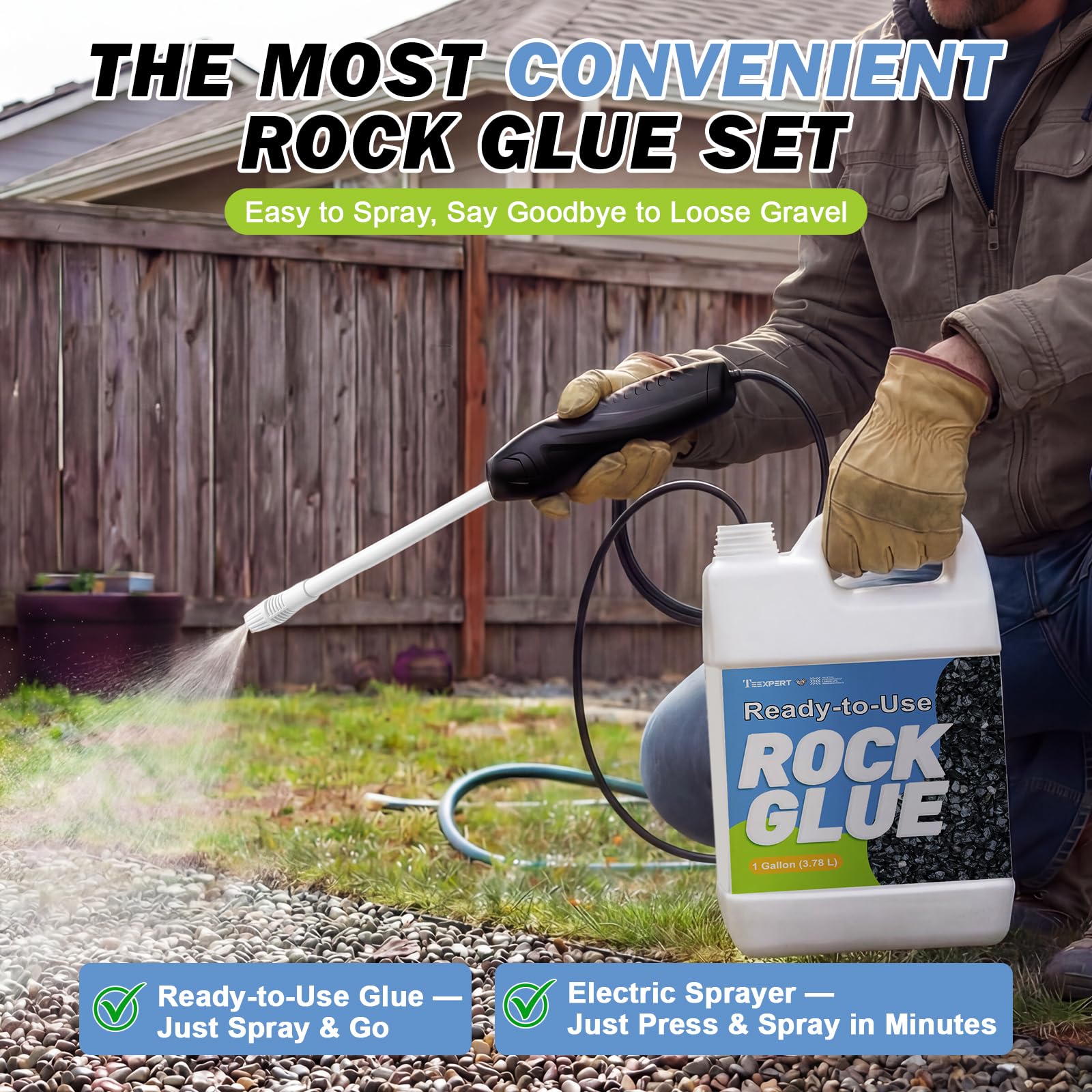 Teexpert ready-to-use rock glue applies fast for clean gravel stabilization.