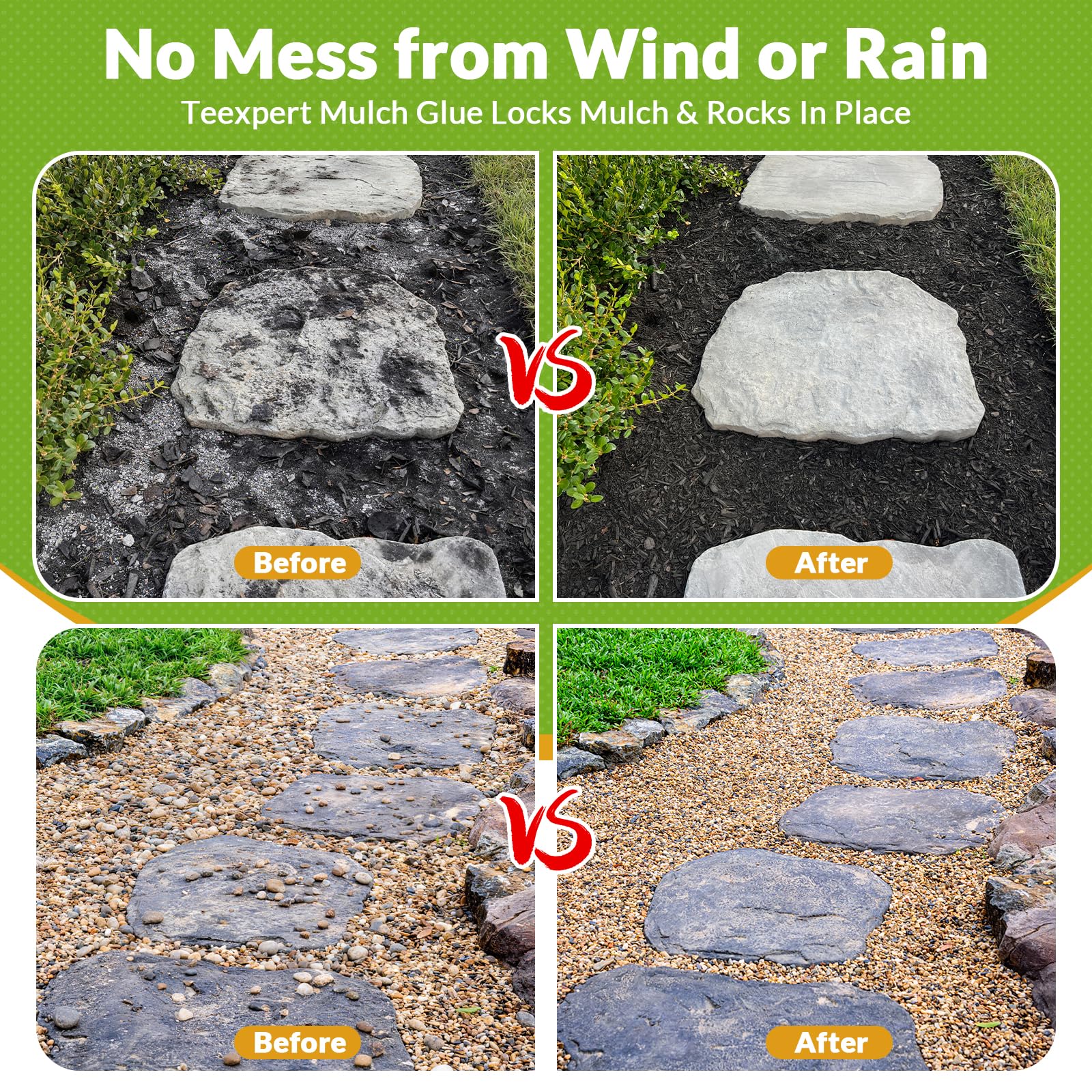 Teexpert rock glue bonds pea gravel to reduce yard scattering