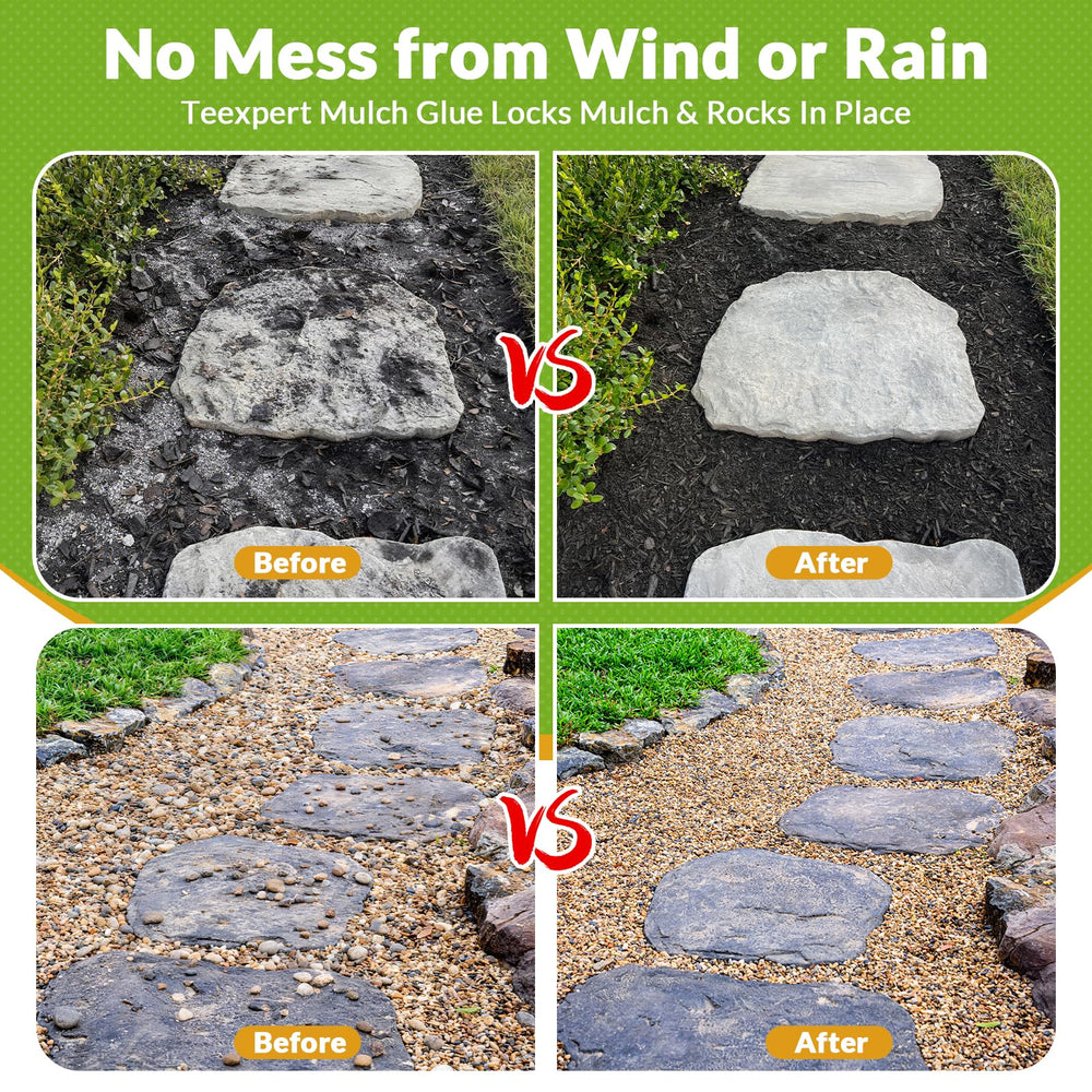 Teexpert rock glue bonds pea gravel to reduce yard scattering