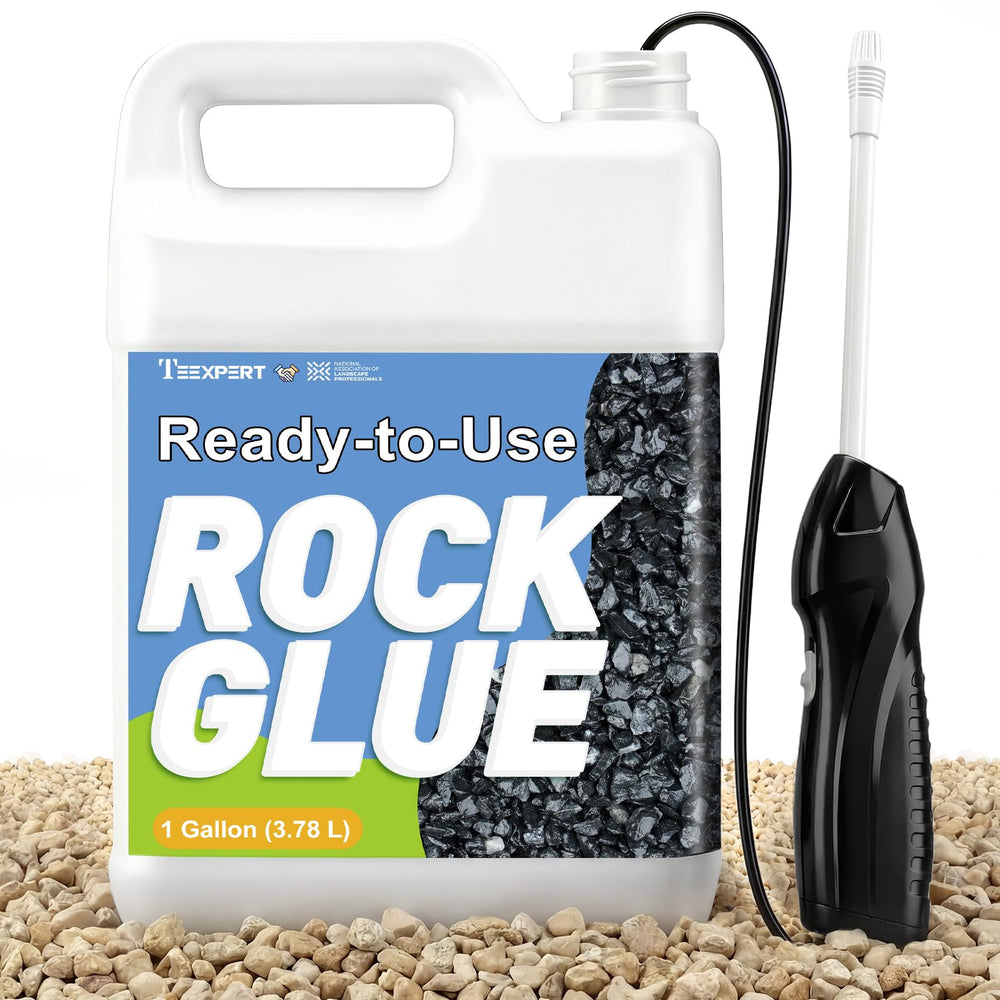 Teexpert rock glue with electric sprayer setup for quick, even application.