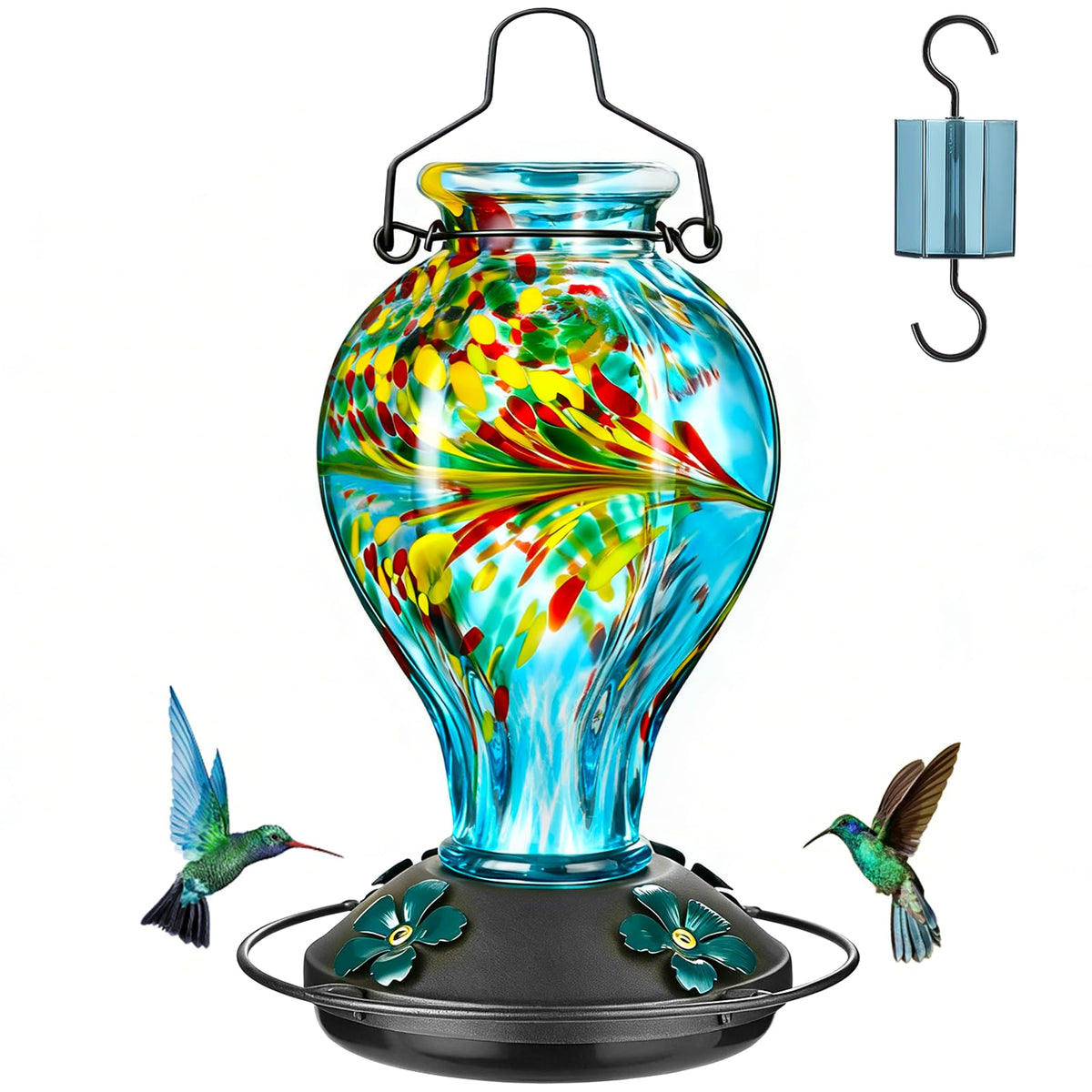 Tegarbed hand-blown glass hummingbird feeder with blue phoenix design for drip-free patios