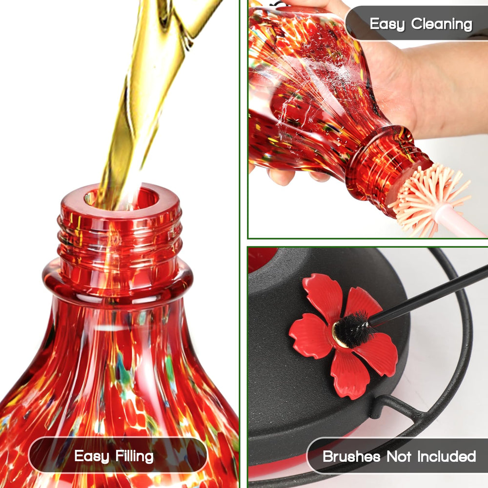 Tegarbed hummingbird feeder clear glass view showing nectar level.