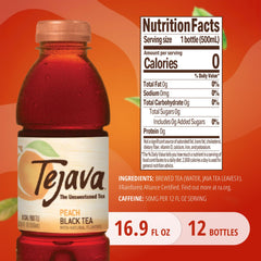 Tejava Peach Unsweetened Iced Tea bottle closeup of label highlighting natural ingredients
