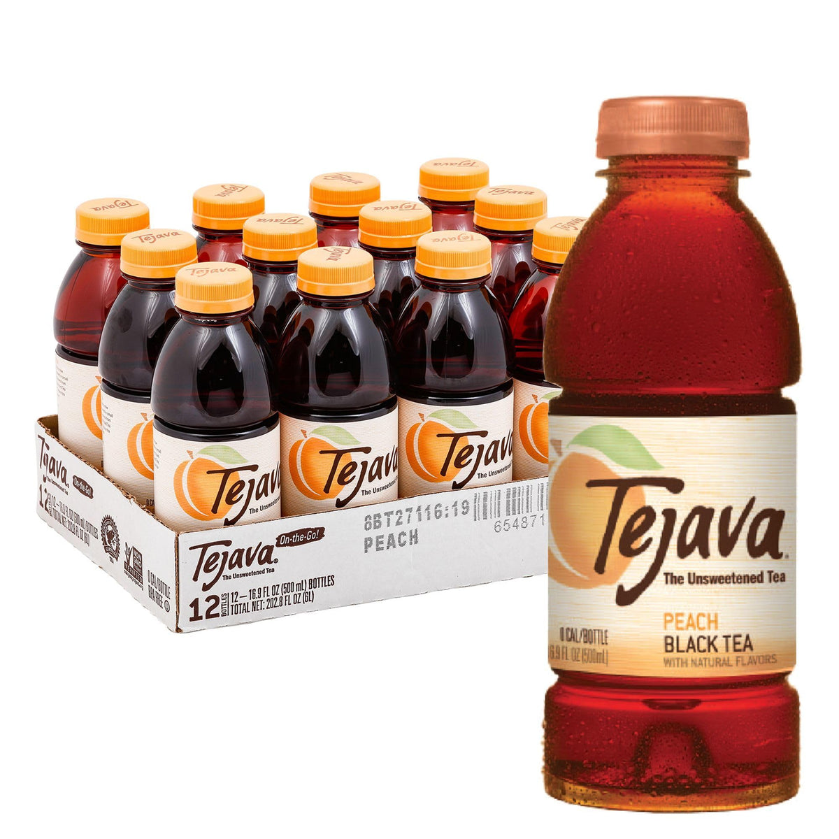 Tejava Peach Unsweetened Iced Tea bottle front shows pure flavor without sugar